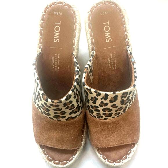 Toms Shoes - Toms Tan and Leopard Print Open Toe Jute Base Wedge